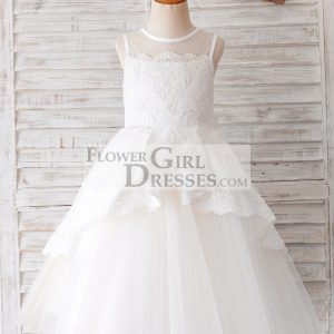Princess Ivory Lace Tulle Sheer Back Wedding Party Flower Girl Dress