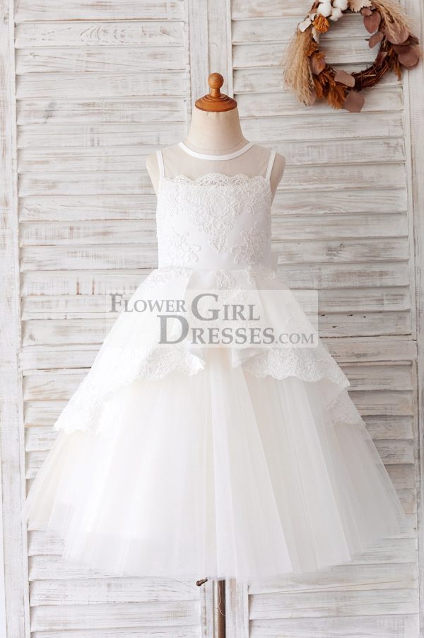 Princess Ivory Lace Tulle Sheer Back Wedding Party Flower Girl Dress