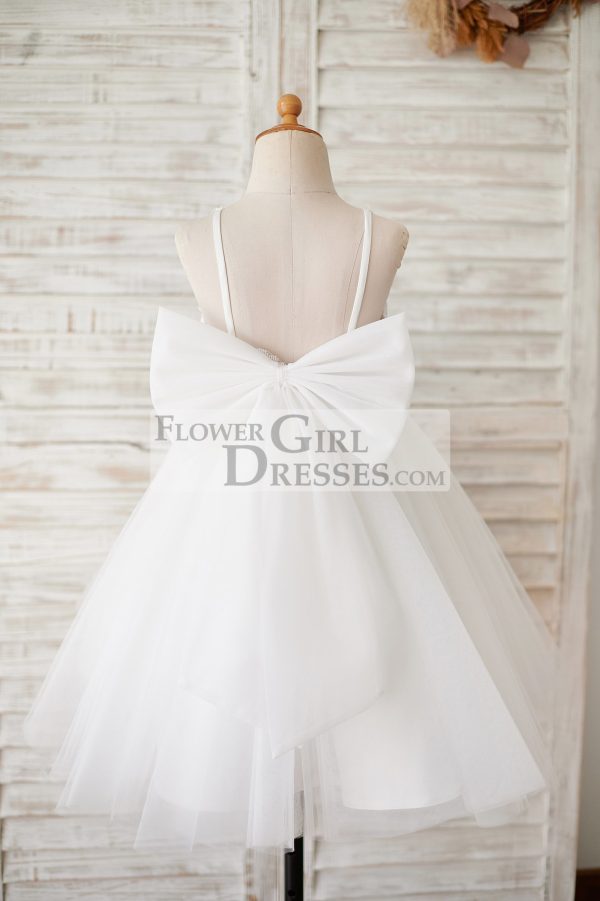 Ivory Lace Tulle Spaghetti Straps Halter Neck Wedding Flower Girl Dress, Bow - Image 2