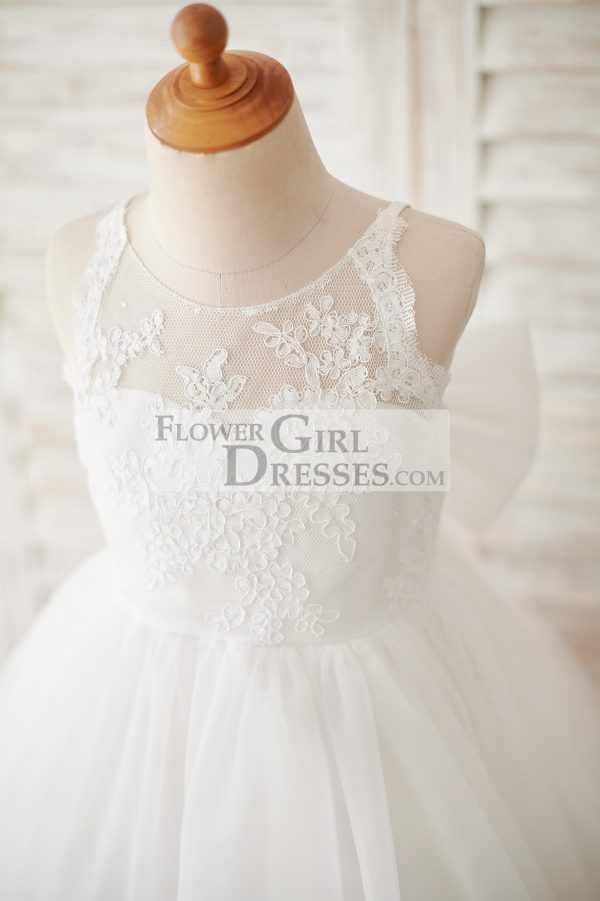 Ivory Lace Tulle Spaghetti Straps Halter Neck Wedding Flower Girl Dress, Bow - Image 3