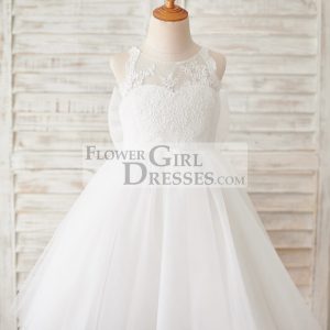 Ivory Lace Tulle Spaghetti Straps Halter Neck Wedding Flower Girl Dress, Bow