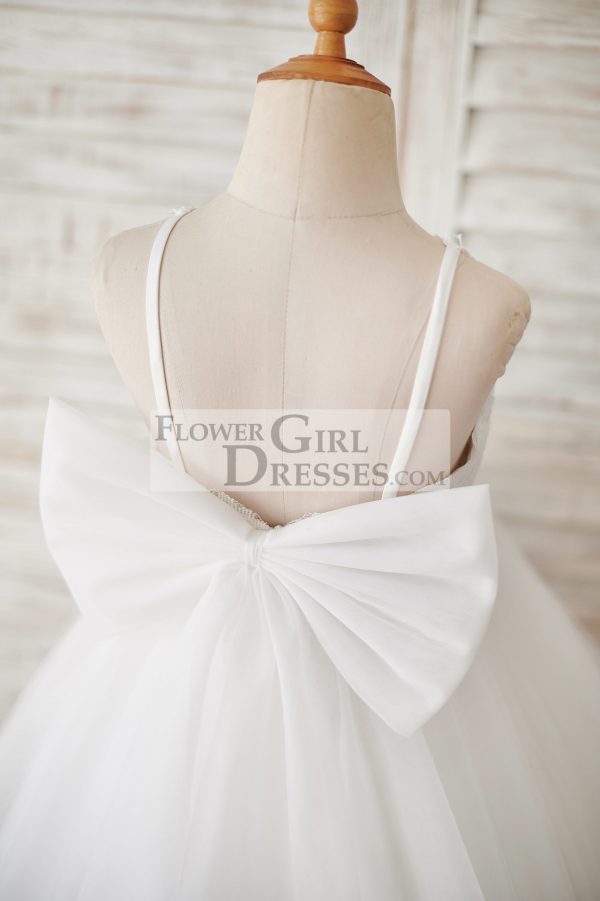 Ivory Lace Tulle Spaghetti Straps Halter Neck Wedding Flower Girl Dress, Bow - Image 4