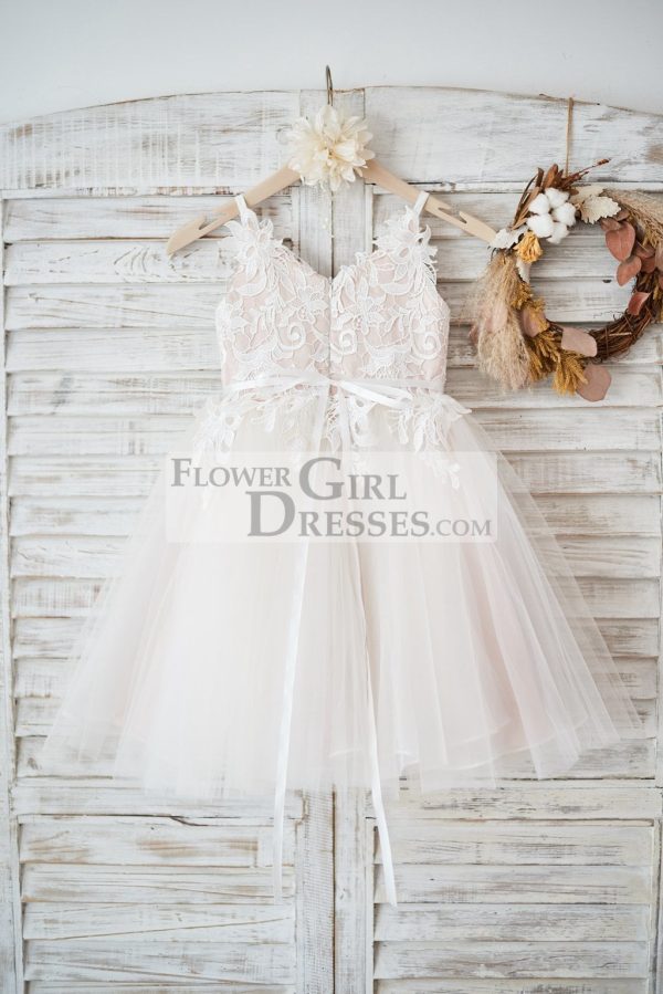 Ivory Lace Tulle Peach Spaghetti Straps Wedding Flower Girl Dress, Belt - Image 2