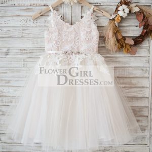 Ivory Lace Tulle Peach Spaghetti Straps Wedding Flower Girl Dress, Belt