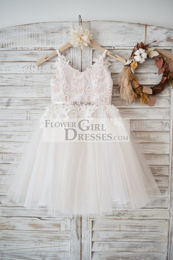 Ivory Lace Tulle Peach Spaghetti Straps Wedding Flower Girl Dress, Belt