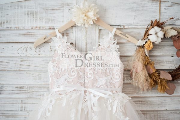 Ivory Lace Tulle Peach Spaghetti Straps Wedding Flower Girl Dress, Belt - Image 4