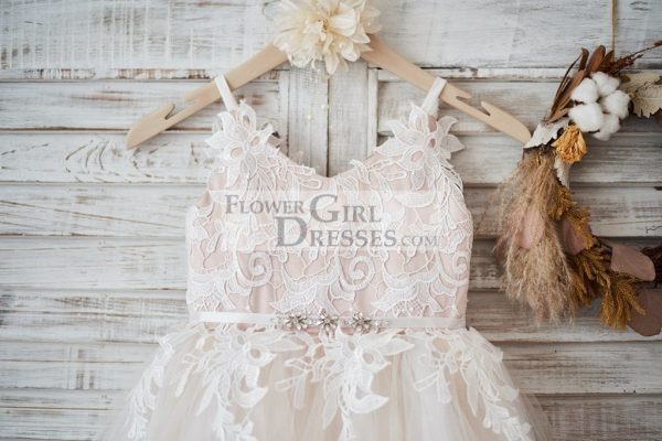 Ivory Lace Tulle Peach Spaghetti Straps Wedding Flower Girl Dress, Belt - Image 3