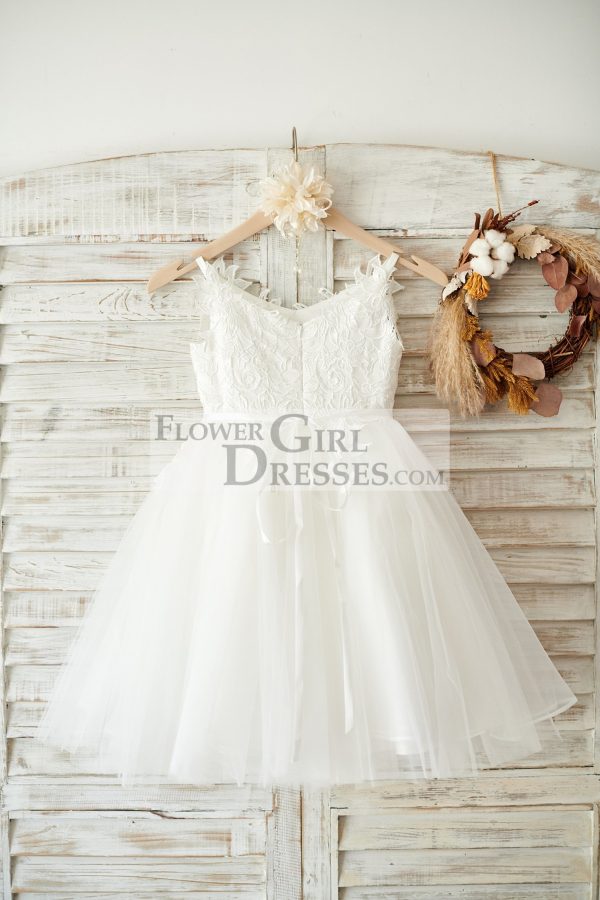 Ivory Lace Tulle Spaghetti Straps Wedding Flower Girl Dress, Beaded Belt - Image 2