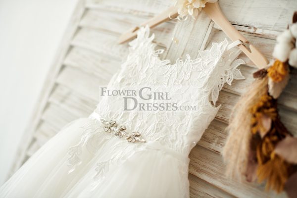 Ivory Lace Tulle Spaghetti Straps Wedding Flower Girl Dress, Beaded Belt - Image 3