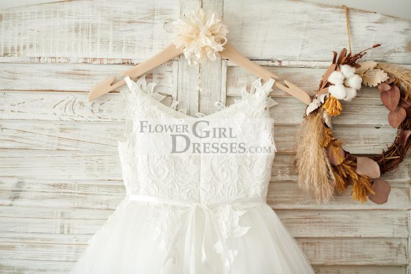 Ivory Lace Tulle Spaghetti Straps Wedding Flower Girl Dress, Beaded Belt - Image 4