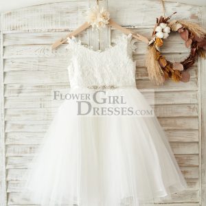 Ivory Lace Tulle Spaghetti Straps Wedding Flower Girl Dress, Beaded Belt