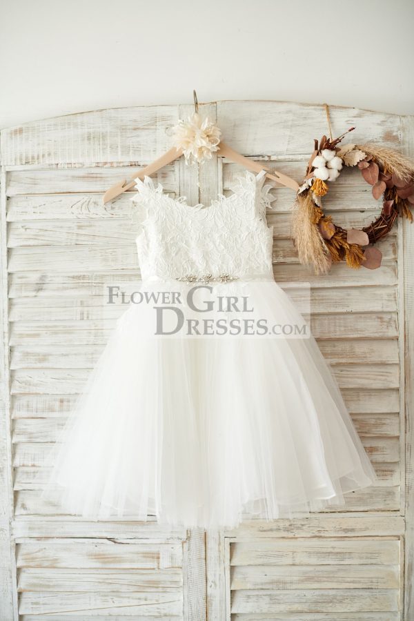 Ivory Lace Tulle Spaghetti Straps Wedding Flower Girl Dress, Beaded Belt