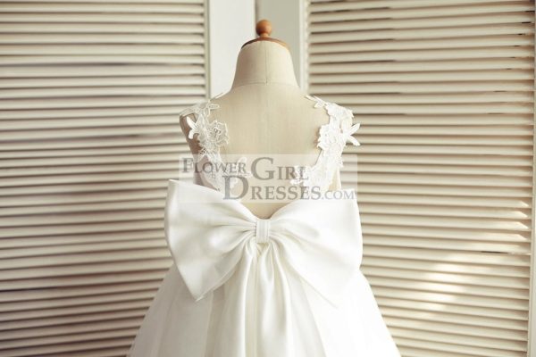 Ivory Lace Tulle V Back Straps Wedding Flower Girl Dress, Big Bow - Image 4