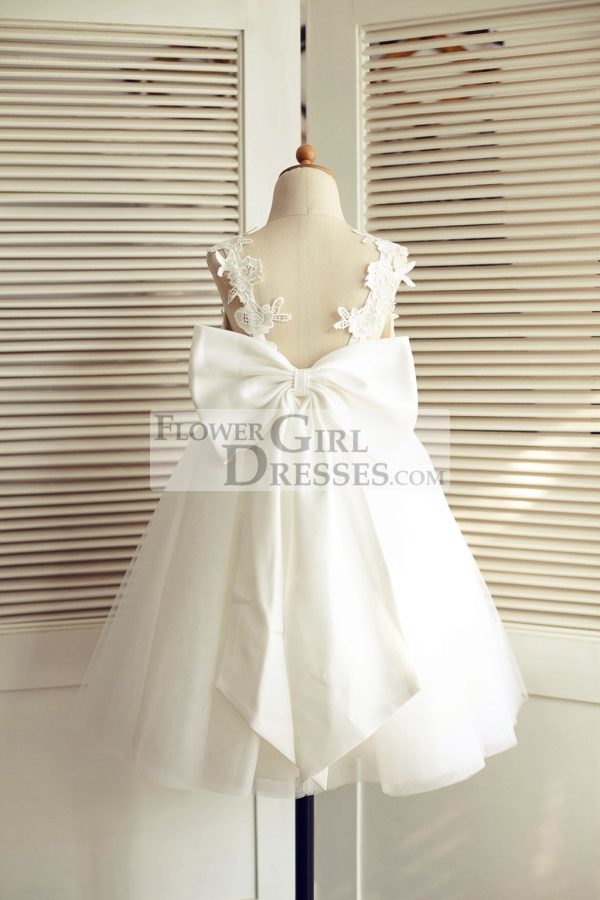 Ivory Lace Tulle V Back Straps Wedding Flower Girl Dress, Big Bow - Image 2