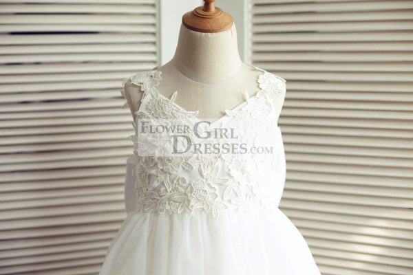 Ivory Lace Tulle V Back Straps Wedding Flower Girl Dress, Big Bow - Image 3