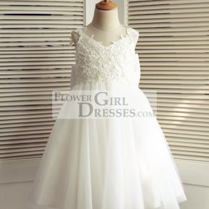 Ivory Lace Tulle V Back Straps Wedding Flower Girl Dress, Big Bow