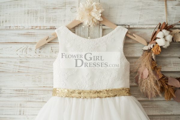 Ivory Lace Tulle V Back Wedding Flower Girl Dress, Sequin Bow - Image 3