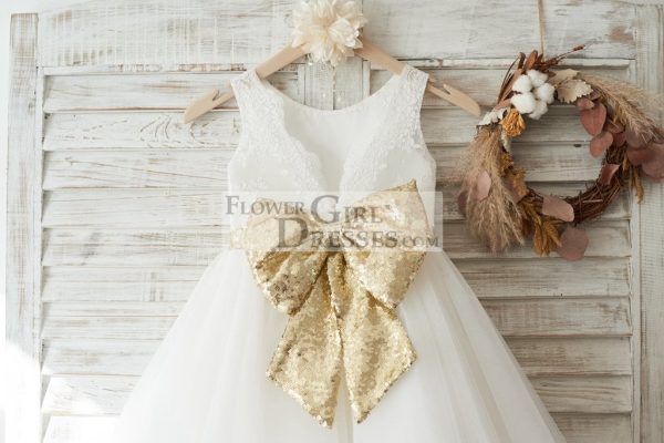 Ivory Lace Tulle V Back Wedding Flower Girl Dress, Sequin Bow - Image 4