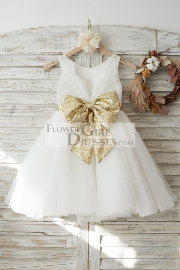 Ivory Lace Tulle V Back Wedding Flower Girl Dress, Sequin Bow - Image 2