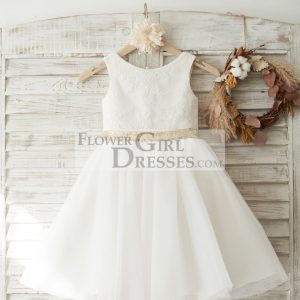 Ivory Lace Tulle V Back Wedding Flower Girl Dress, Sequin Bow