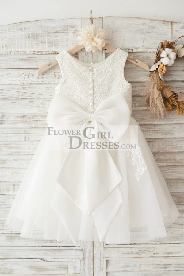 Ivory Lace Tulle Wedding Flower Girl Dress, Big Bow - Image 2