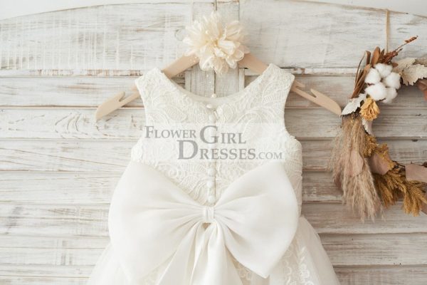 Ivory Lace Tulle Wedding Flower Girl Dress, Big Bow - Image 4