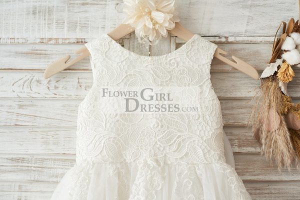 Ivory Lace Tulle Wedding Flower Girl Dress, Big Bow - Image 3