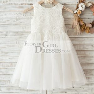 Ivory Lace Tulle Wedding Flower Girl Dress, Big Bow