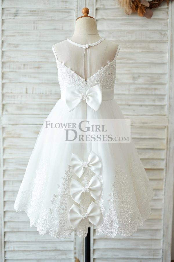 Ivory Lace Tulle Sheer Neck Wedding Flower Girl Dress, Bow - Image 2