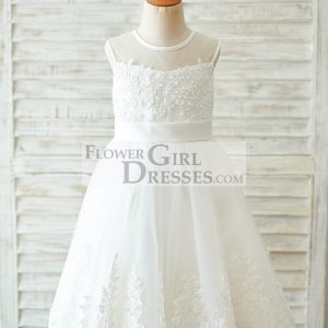 Ivory Lace Tulle Sheer Neck Wedding Flower Girl Dress, Bow