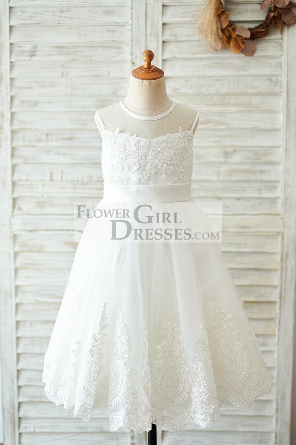 Ivory Lace Tulle Sheer Neck Wedding Flower Girl Dress, Bow