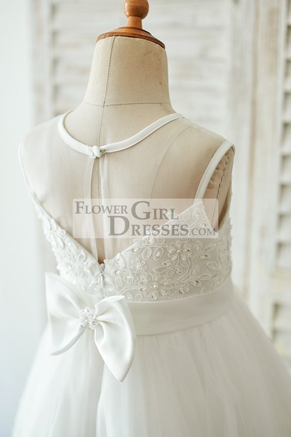 Ivory Lace Tulle Sheer Neck Wedding Flower Girl Dress, Bow - Image 4