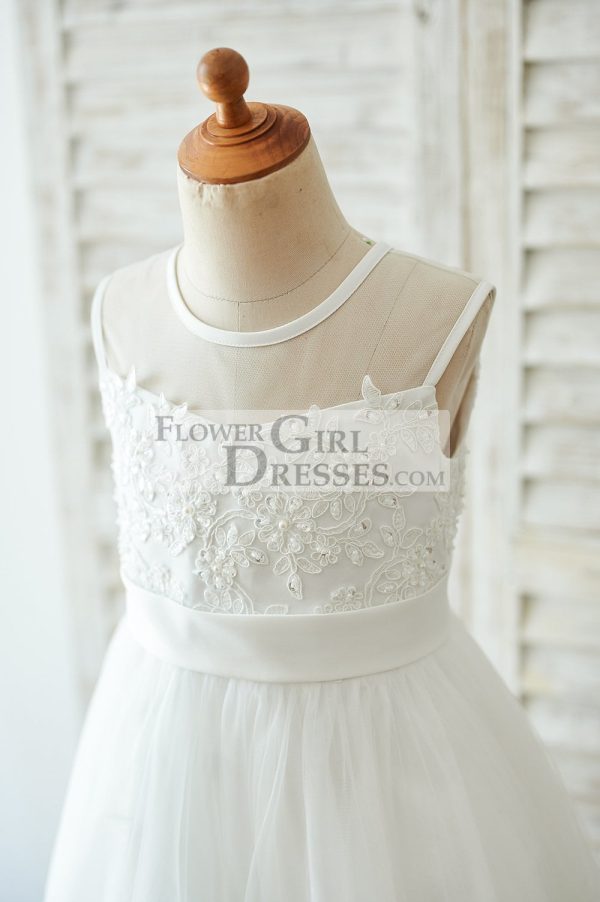 Ivory Lace Tulle Sheer Neck Wedding Flower Girl Dress, Bow - Image 3