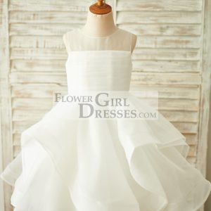 Princess Ivory Organza Sheer Neck V Back Wedding Flower Girl Dress