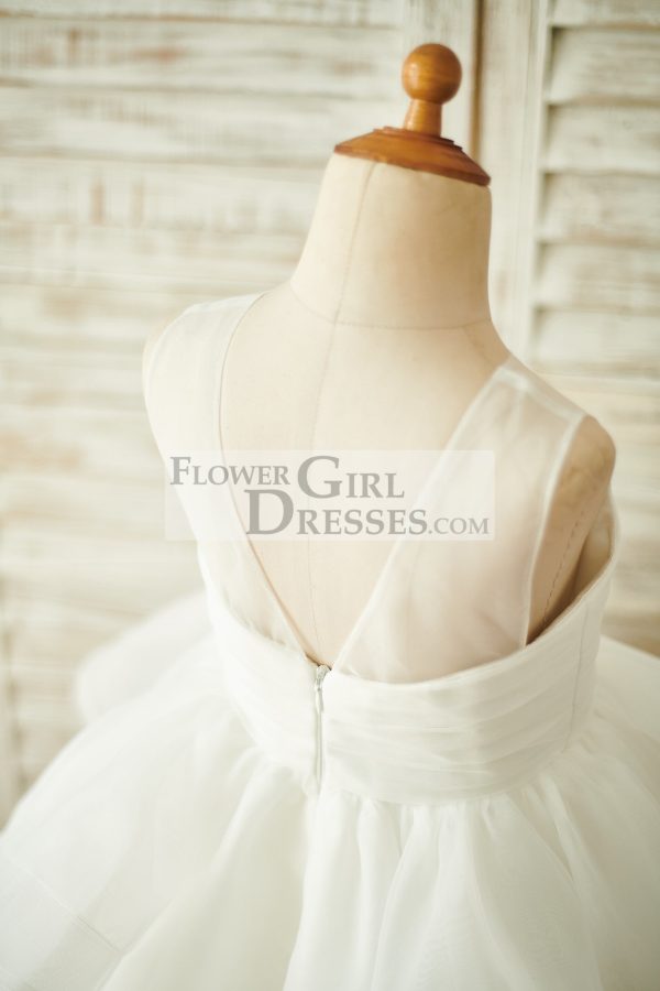 Princess Ivory Organza Sheer Neck V Back Wedding Flower Girl Dress - Image 4