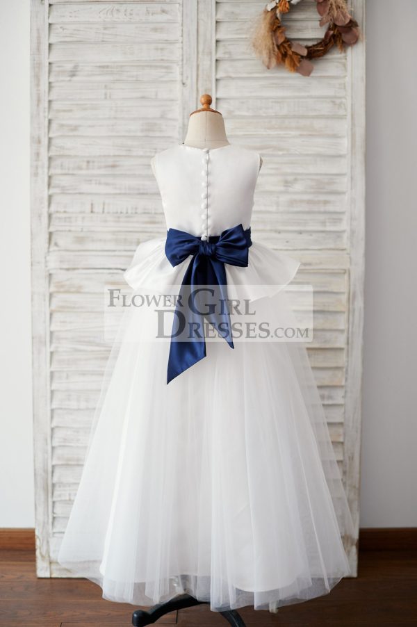 Princess Ivory Satin Tulle Wedding Flower Girl Dress, Navy Blue Belt - Image 2