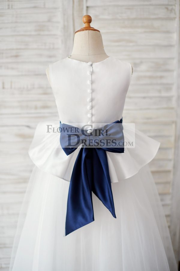 Princess Ivory Satin Tulle Wedding Flower Girl Dress, Navy Blue Belt - Image 4