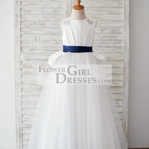 Princess Ivory Satin Tulle Wedding Flower Girl Dress, Navy Blue Belt