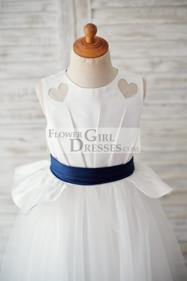 Princess Ivory Satin Tulle Wedding Flower Girl Dress, Navy Blue Belt - Image 3