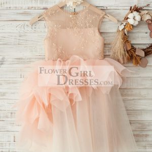 Princess Asymmetrical Lace Tulle Organza Ruffle Wedding Flower Girl Dress