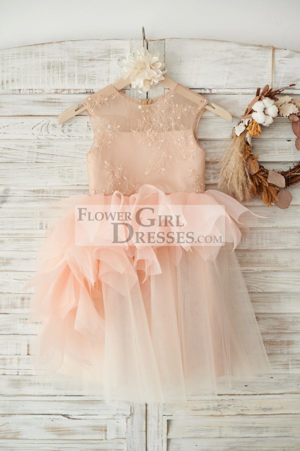 Princess Asymmetrical Lace Tulle Organza Ruffle Wedding Flower Girl Dress