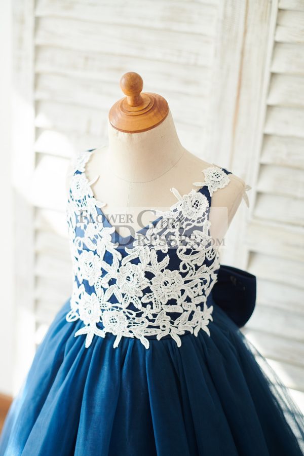 Pink/Navy Blue Lace Tulle Spaghetti Straps Wedding Flower Girl Dress, Bow - Image 3