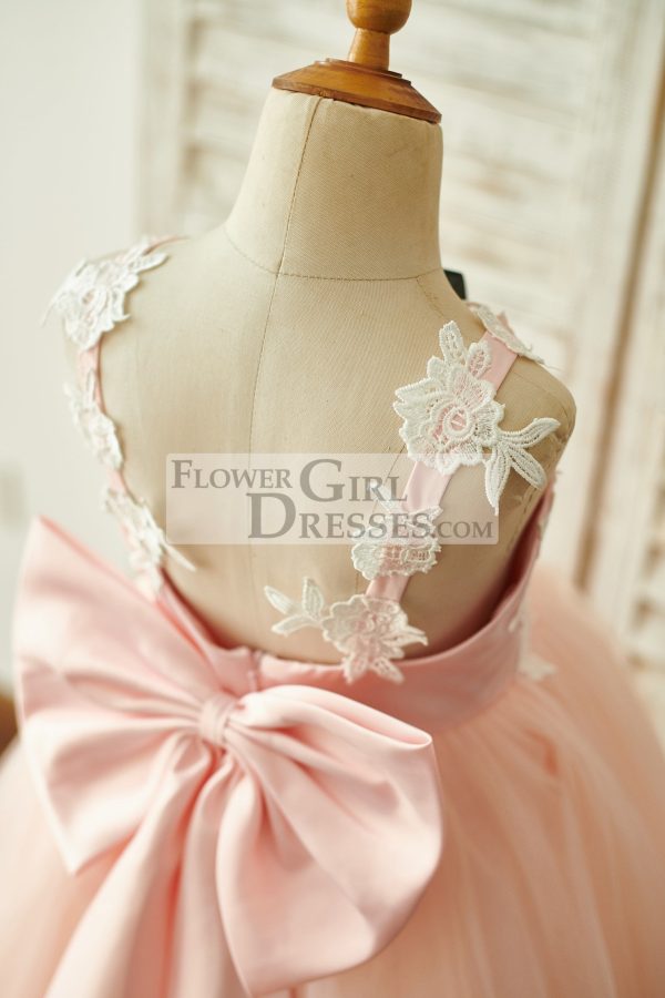 Pink/Navy Blue Lace Tulle Spaghetti Straps Wedding Flower Girl Dress, Bow - Image 8