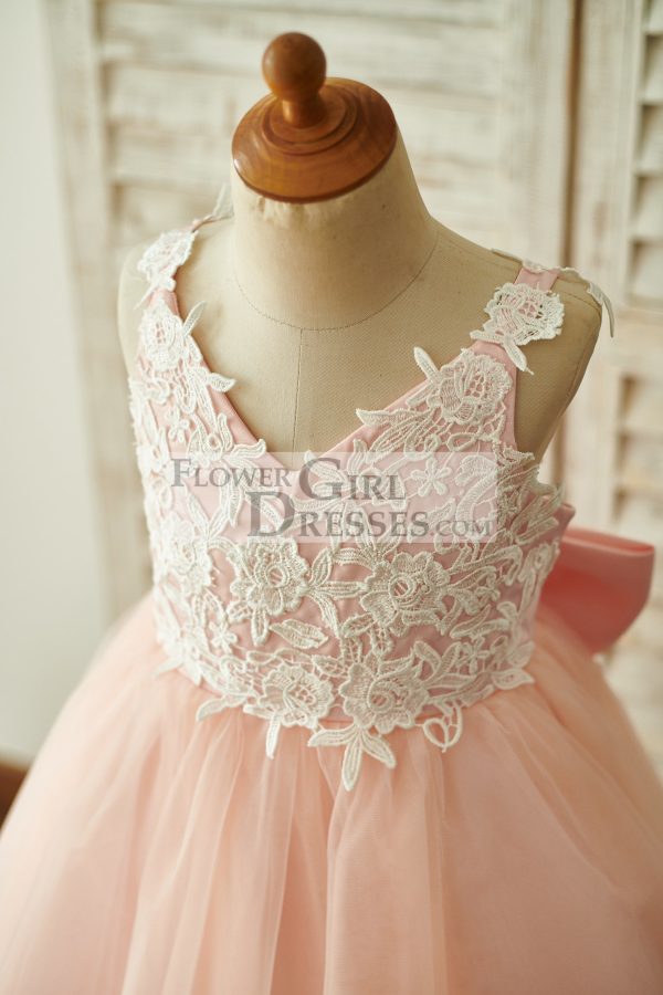 Pink/Navy Blue Lace Tulle Spaghetti Straps Wedding Flower Girl Dress, Bow - Image 7
