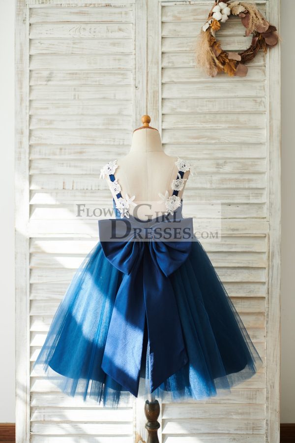 Pink/Navy Blue Lace Tulle Spaghetti Straps Wedding Flower Girl Dress, Bow - Image 2