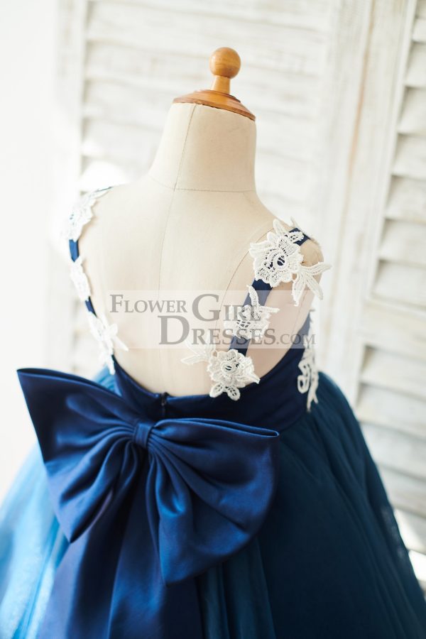Pink/Navy Blue Lace Tulle Spaghetti Straps Wedding Flower Girl Dress, Bow - Image 4