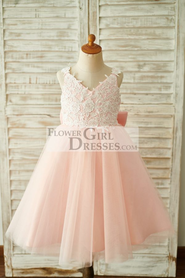 Pink/Navy Blue Lace Tulle Spaghetti Straps Wedding Flower Girl Dress, Bow - Image 5