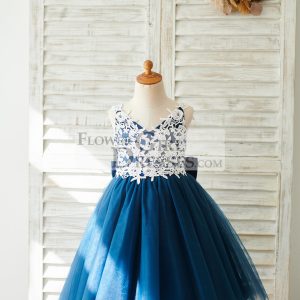 Pink/Navy Blue Lace Tulle Spaghetti Straps Wedding Flower Girl Dress, Bow