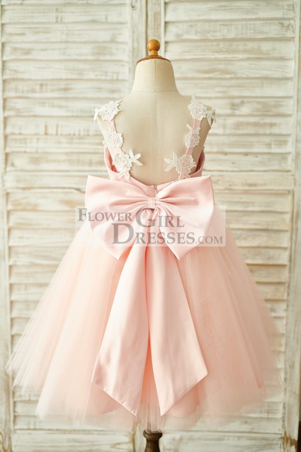 Pink/Navy Blue Lace Tulle Spaghetti Straps Wedding Flower Girl Dress, Bow - Image 6
