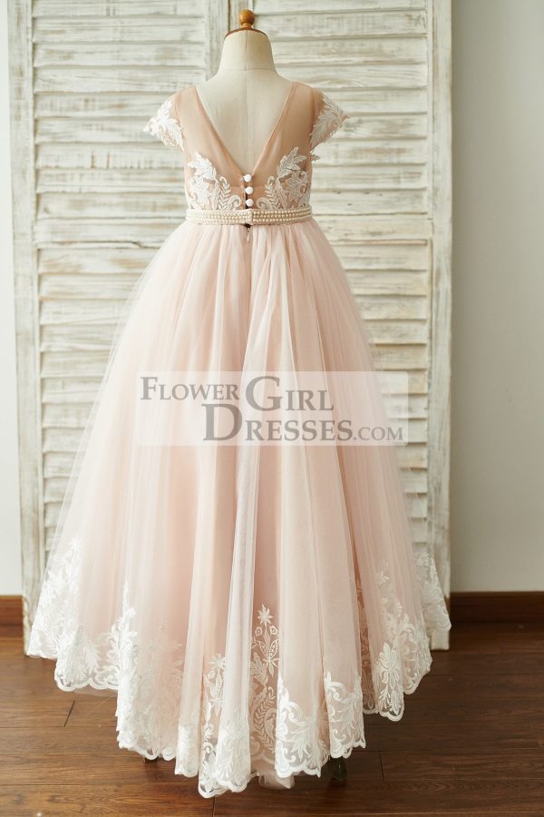 Pink Lace Tulle V Back Cap Sleeves Floor Length Wedding Flower Girl Dress - Image 2